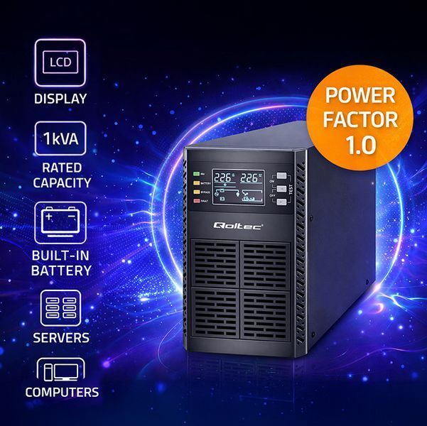 ДБЖ Qoltec із чистою синусоїдою 1кВА 1000Вт, LCD-дисплей, EPO, USB, On-line (Польща) 52280 фото